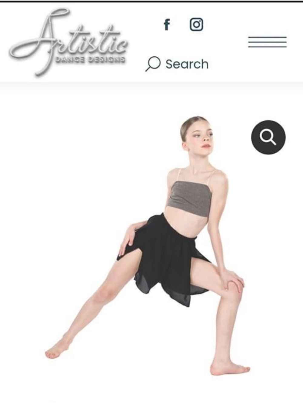 Artistic Dance Black Chiffon Split Short and Bandeau Top with Nude Straps. AS